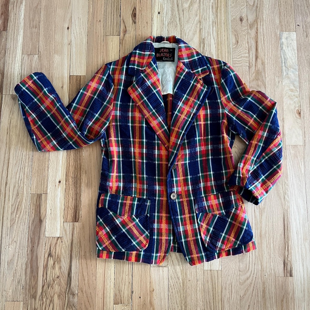 Vintage 70s Plaid Blazer Made‎ in USA Jean Blazers Campus Colorful Tartan Jacket